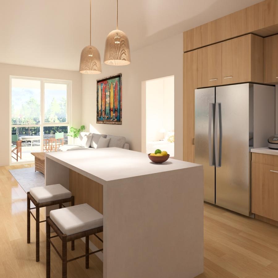 a kitchen with an island and chairs